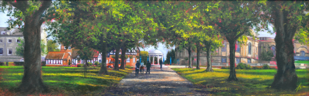 An oil painting by artist Ja Edwards of the path through the park in Shrewsbury