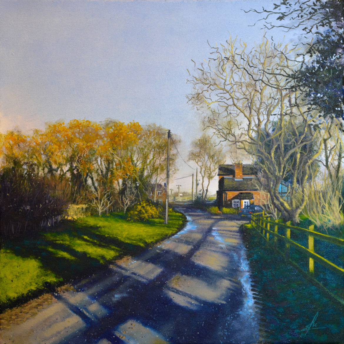 An oil painting by artist Ja Edwards of a country land through a hamlet