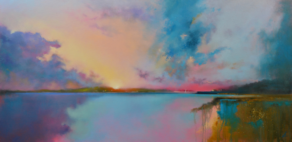 An oil painting by artist Ja Edwards of the view from Tresco towards Byher