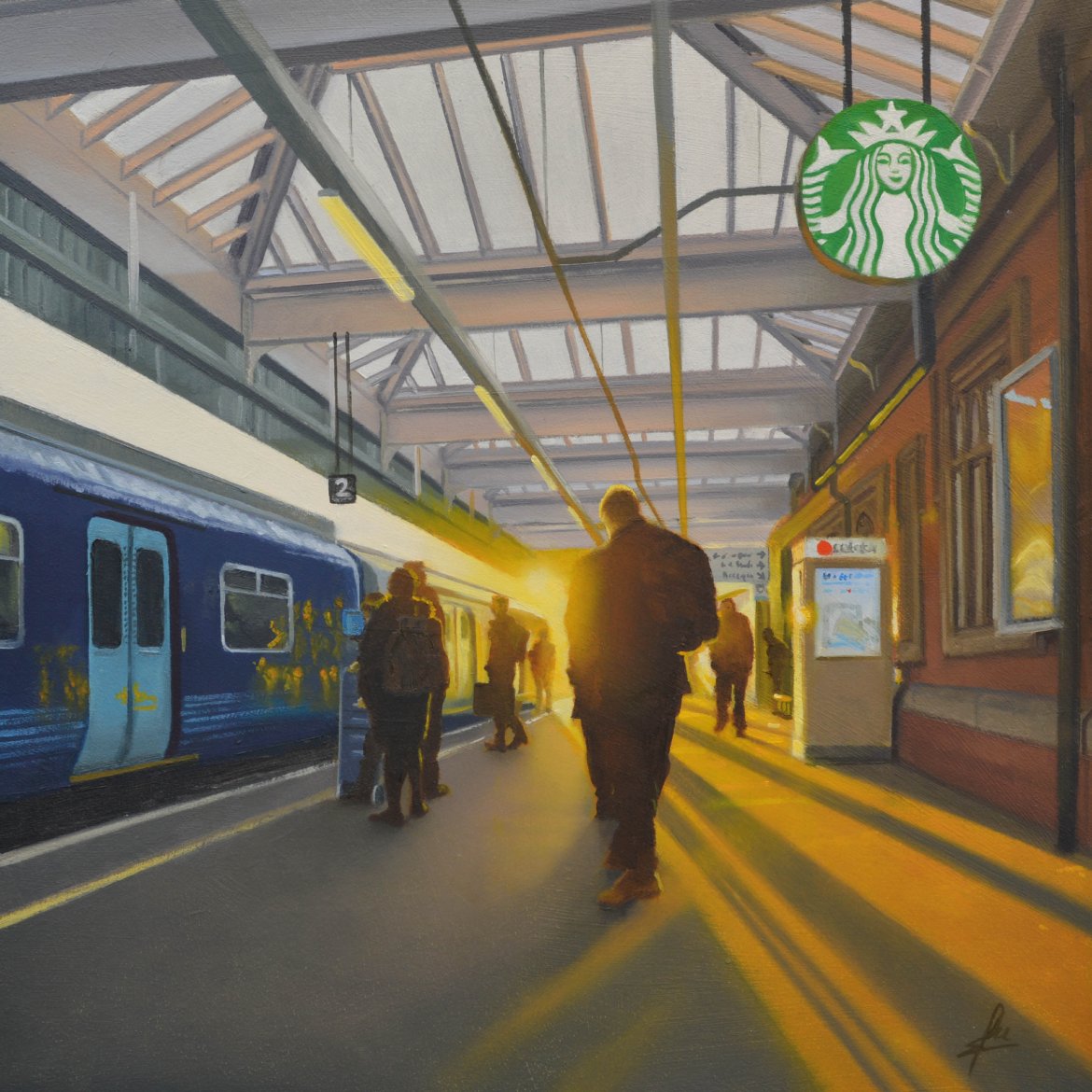 An oil painting by artist Ja Edwards of commuters on the platform