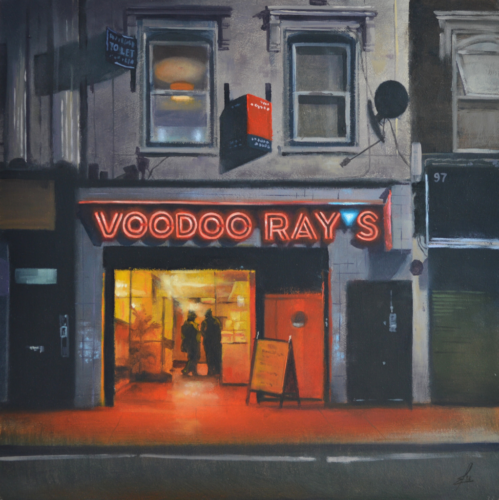 An oil painting by artist Ja Edwards of a New York style pizza restaurant, London