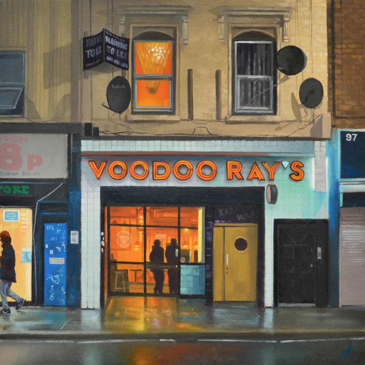 An oil painting by artist Ja Edwards of a New York style pizza restaurant, London