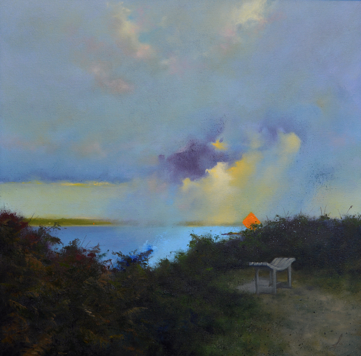 An oil painting by artist Ja Edwards of a memorial bench