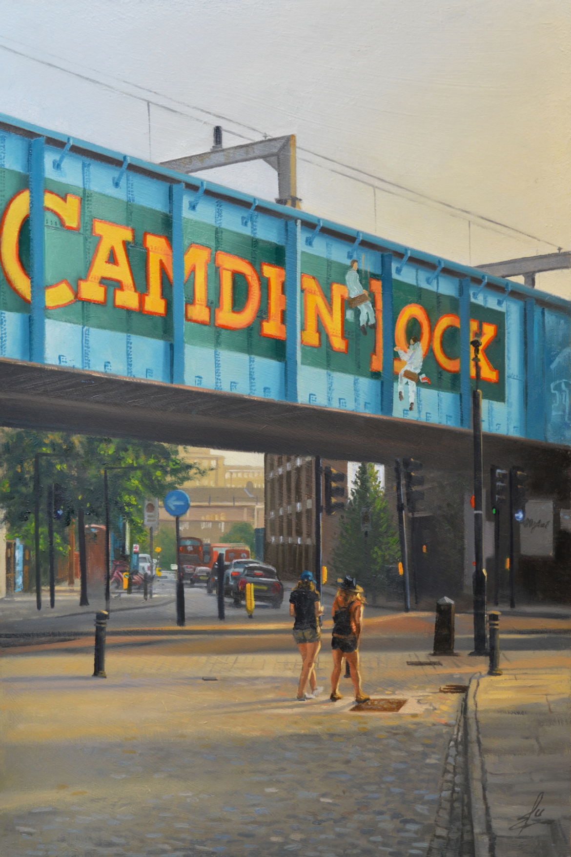 An oil painting by artist Ja Edwards of a lane below Camden Lock bridge