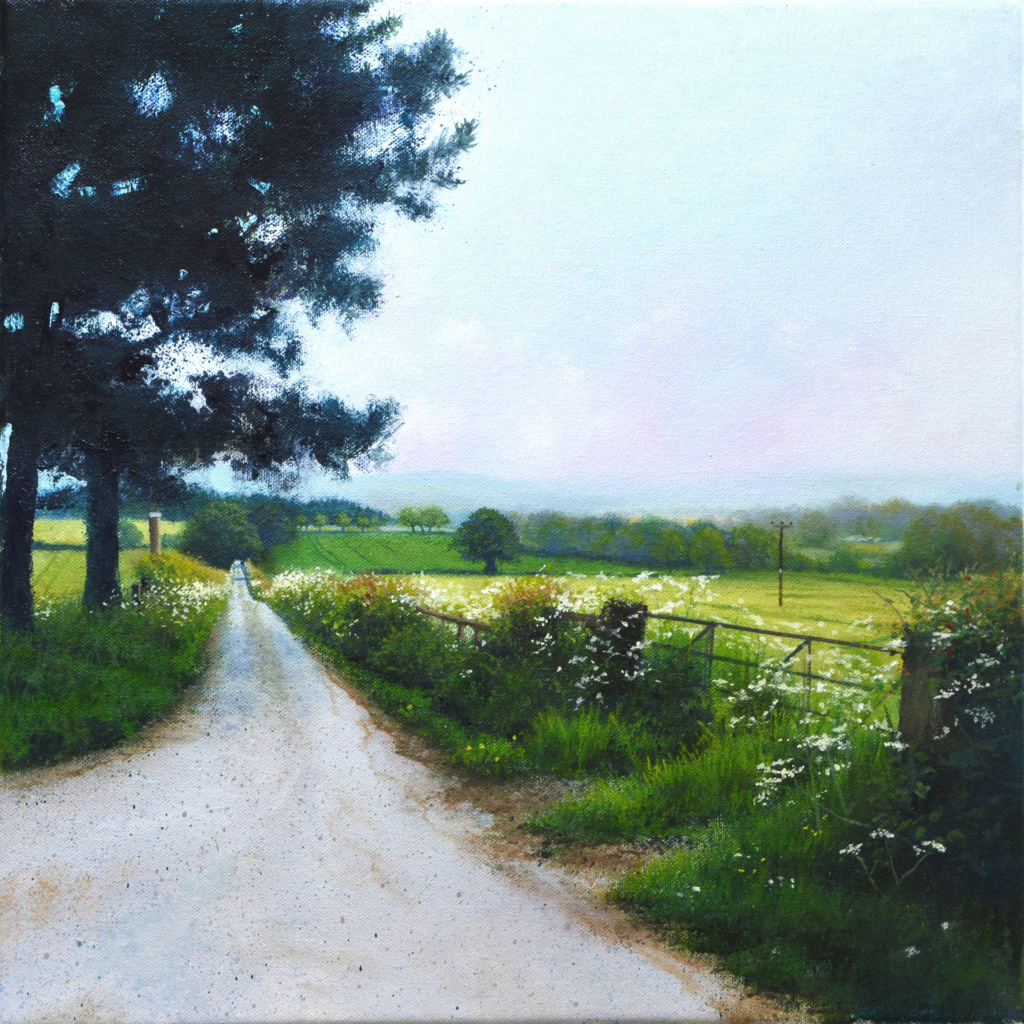 An oil painting by artist Ja Edwards of a country lane near Shrewsbury