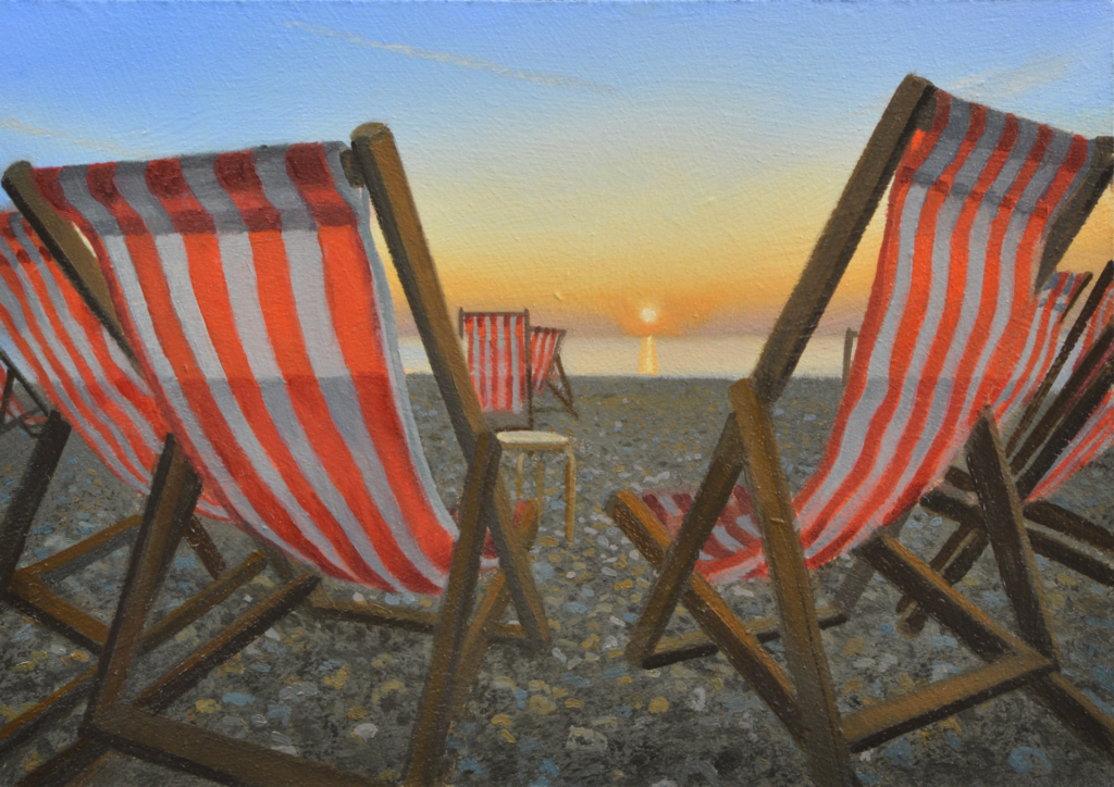 An oil painting by artist Ja Edwards of a deckchairs on Brighton beach
