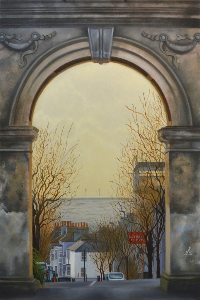 An oil painting by artist Ja Edwards of the view through the arch to the sea from Queens Park, Brighton