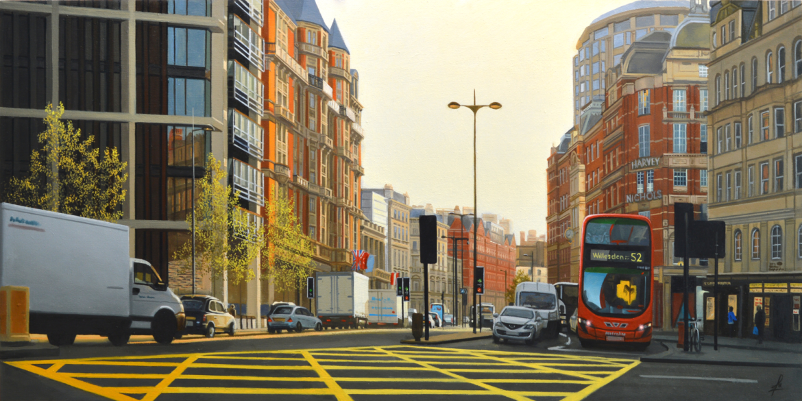 An oil painting by artist Ja Edwards of the box junction in front of Harvey Nichols in London