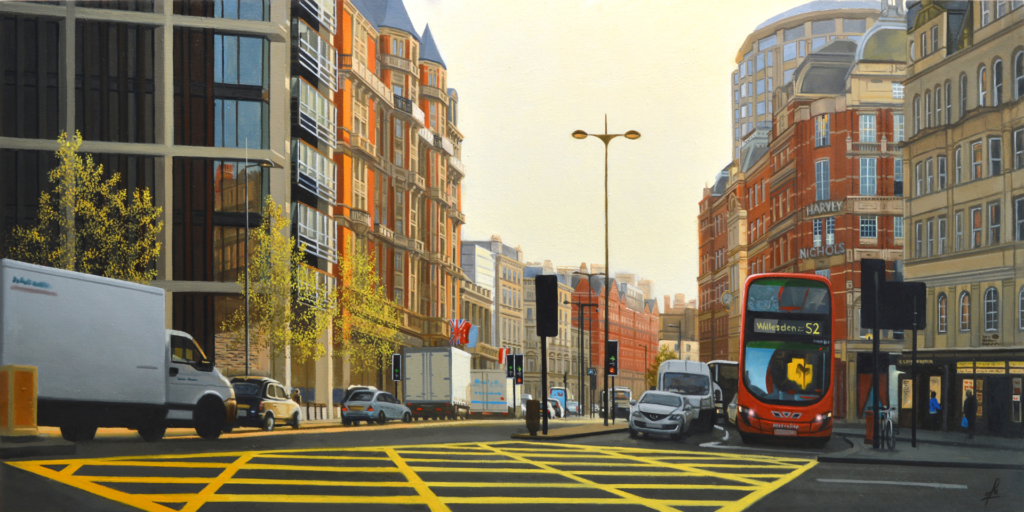 An oil painting by artist Ja Edwards of the box junction in front of Harvey Nichols in London