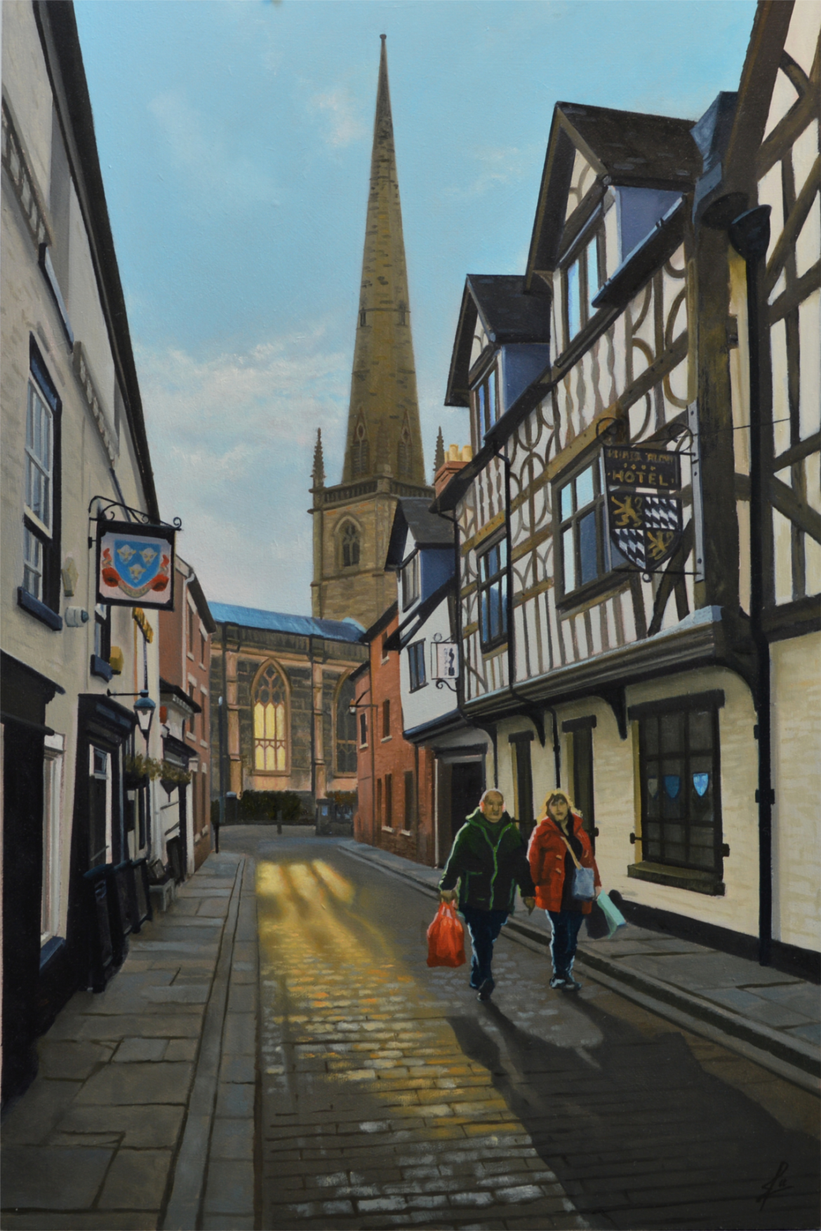 An oil painting by artist Ja Edwards of the light coming through St Alkmund's window
